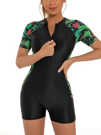 Γυναικείο κοντομάνικο μαγιό Rash Guards Wetsuit Φλοράλ στάμπα Φερμουάρ Σέρφινγκ Κατάδυση Σαλόνι Μαγιό Μαγιό