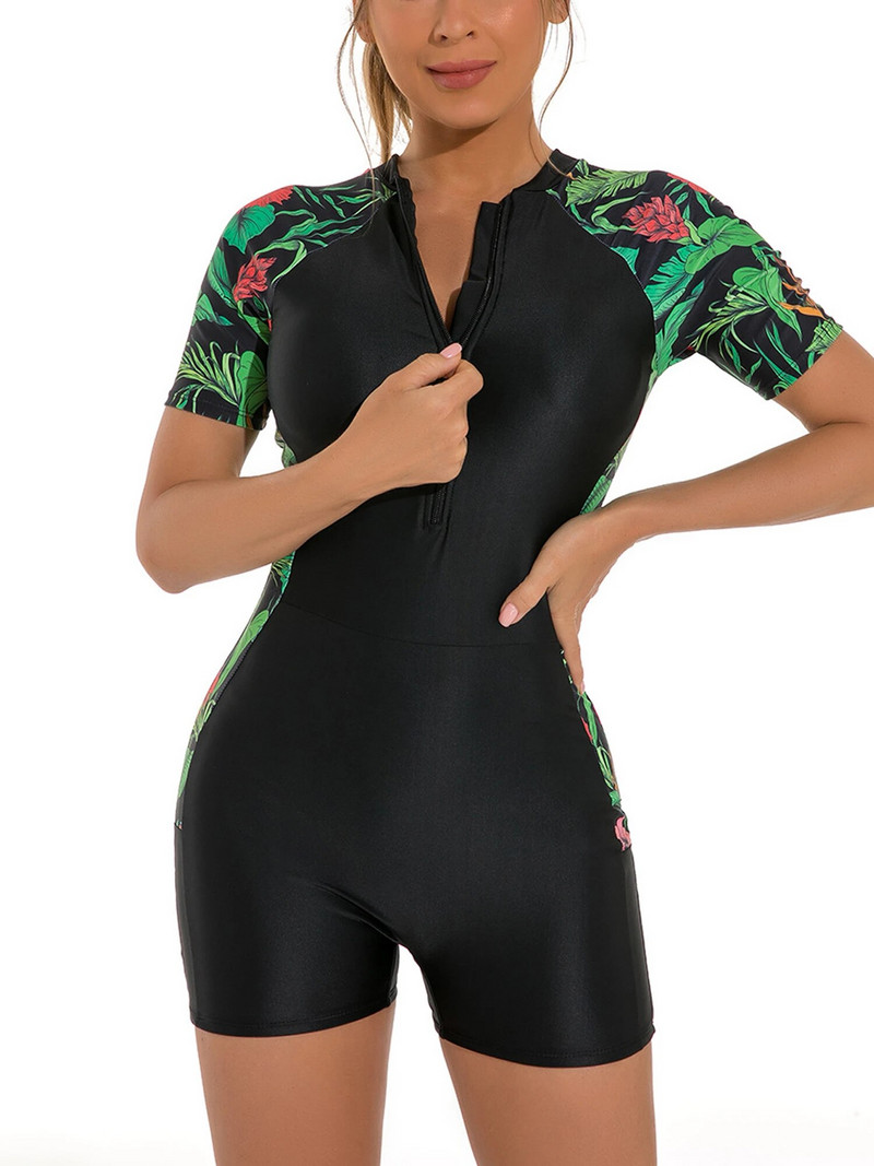 Ženski kupaći kostim kratkih rukava Rash Guard Neoprensko odijelo Cvjetni print Patent zatvarač Surfanje Ronjenje Plivački kombinezon Kupaći kostim Kupaći kostim