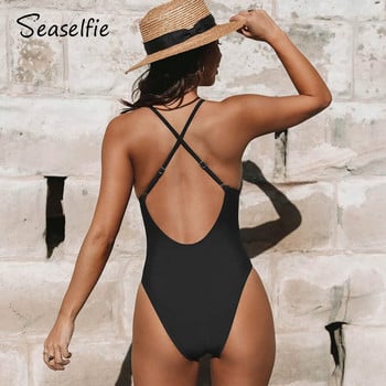 Ολόσωμο γυναικείο μαγιό SEASELFIE V-Wire Cross Back Μαύρο σέξι μαγιό Monokini 2023 Μαγιό παραλίας