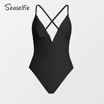 Ολόσωμο γυναικείο μαγιό SEASELFIE V-Wire Cross Back Μαύρο σέξι μαγιό Monokini 2023 Μαγιό παραλίας