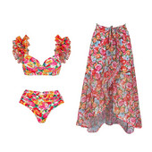 2024 Set de bikini cu volane de înaltă calitate, 3 buc, cu costum de baie cu acoperire florală, costum de baie imprimat pentru femei, biquini push up pentru femei, îmbrăcăminte de plajă