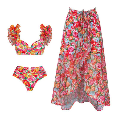 2024 Set de bikini cu volane de înaltă calitate, 3 buc, cu costum de baie cu acoperire florală, costum de baie imprimat pentru femei, biquini push up pentru femei, îmbrăcăminte de plajă