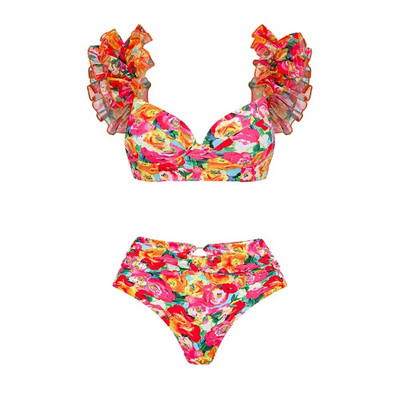 2024 Set de bikini cu volane de înaltă calitate, 3 buc, cu costum de baie cu acoperire florală, costum de baie imprimat pentru femei, biquini push up pentru femei, îmbrăcăminte de plajă