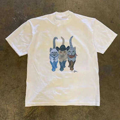 Vintage Ljetna Hip Hop Harajuku Vintage Cat Print Velika Majica Ulična Kratkih Rukava Ležerna Ženska T-Shirt Y2k Punk Odjeća