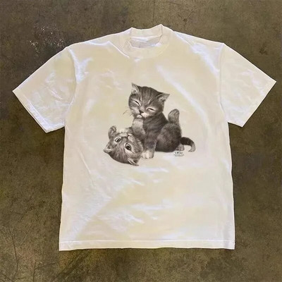 Vintage Ljetna Hip Hop Harajuku Vintage Cat Print Velika Majica Ulična Kratkih Rukava Ležerna Ženska T-Shirt Y2k Punk Odjeća