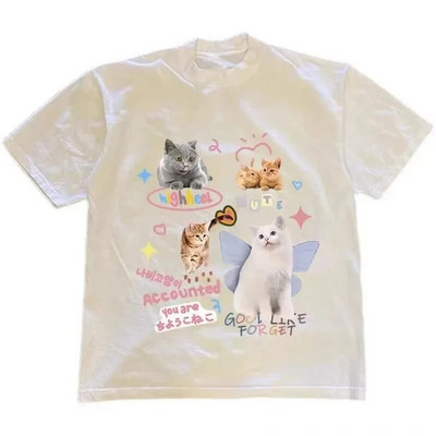 Vintage Ljetna Hip Hop Harajuku Vintage Cat Print Velika Majica Ulična Kratkih Rukava Ležerna Ženska T-Shirt Y2k Punk Odjeća