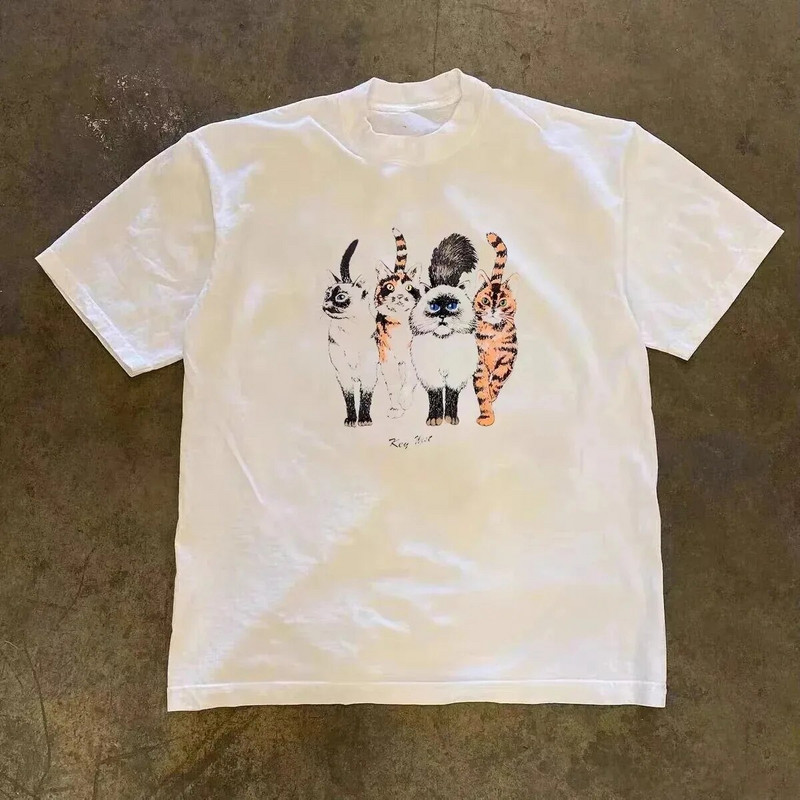 Vintage Ljetna Hip Hop Harajuku Vintage Cat Print Velika Majica Ulična Kratkih Rukava Ležerna Ženska T-Shirt Y2k Punk Odjeća