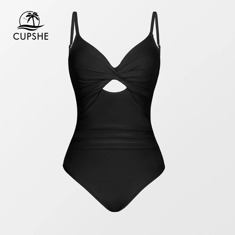 CUPSHE Jednodijelni kupaći kostim s upletenim naborima za žene, jednodijelni, crni, seksi izrezani monokini kupaći kostimi 2024. Odjeća za plažu
