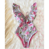 2024, novi jednodijelni kupaći kostim s volanima, seksi kupaći kostim dubokog V Ženski ženski kupaći kostim s printom, kupaći kostim s motivom ramena Monok