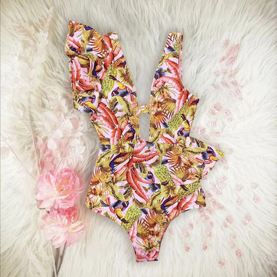 2024, novi jednodijelni kupaći kostim s volanima, seksi kupaći kostim dubokog V Ženski ženski kupaći kostim s printom, kupaći kostim s motivom ramena Monok