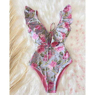 2024, novi jednodijelni kupaći kostim s volanima, seksi kupaći kostim dubokog V Ženski ženski kupaći kostim s printom, kupaći kostim s motivom ramena Monok