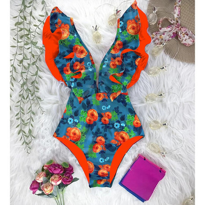 2024, novi jednodijelni kupaći kostim s volanima, seksi kupaći kostim dubokog V Ženski ženski kupaći kostim s printom, kupaći kostim s motivom ramena Monok