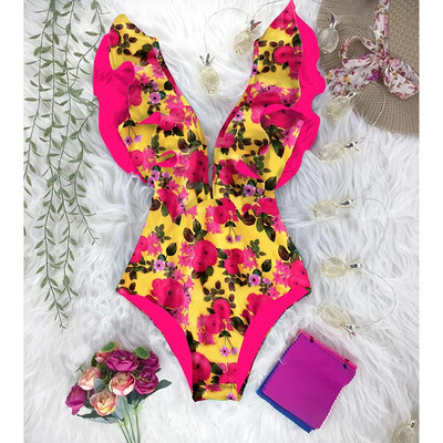 2024, novi jednodijelni kupaći kostim s volanima, seksi kupaći kostim dubokog V Ženski ženski kupaći kostim s printom, kupaći kostim s motivom ramena Monok