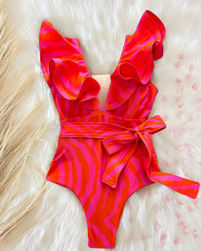 2024, novi jednodijelni kupaći kostim s volanima, seksi kupaći kostim dubokog V Ženski ženski kupaći kostim s printom, kupaći kostim s motivom ramena Monok