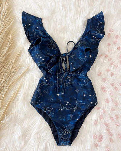 2024, novi jednodijelni kupaći kostim s volanima, seksi kupaći kostim dubokog V Ženski ženski kupaći kostim s printom, kupaći kostim s motivom ramena Monok