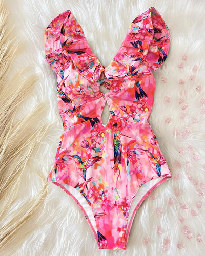 2024, novi jednodijelni kupaći kostim s volanima, seksi kupaći kostim dubokog V Ženski ženski kupaći kostim s printom, kupaći kostim s motivom ramena Monok