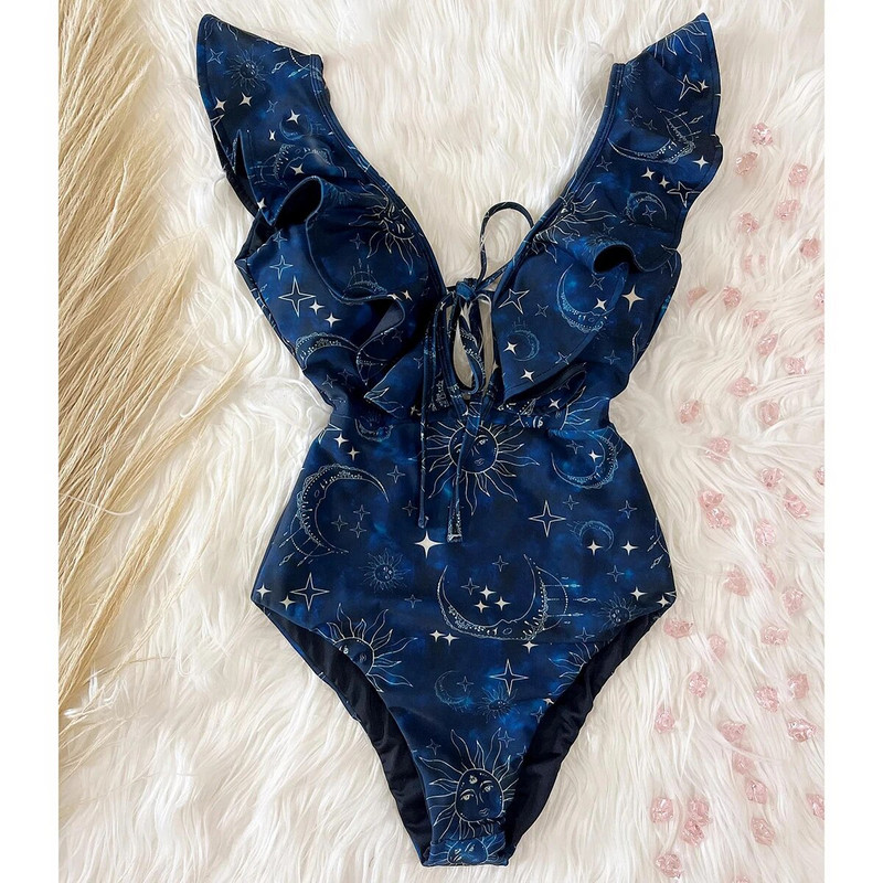 2024, novi jednodijelni kupaći kostim s volanima, seksi kupaći kostim dubokog V Ženski ženski kupaći kostim s printom, kupaći kostim s motivom ramena Monok