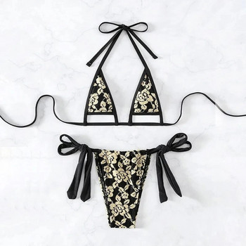 Секси черни блестящи триъгълни микро прашки комплект бикини 2024 Mujer String Halter Swimwear Дамски бански костюм Mini Bikini Swim