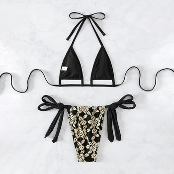 Секси черни блестящи триъгълни микро прашки комплект бикини 2024 Mujer String Halter Swimwear Дамски бански костюм Mini Bikini Swim