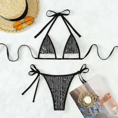 Seksi crni, sjajni trokutasti komplet bikinija s mikro tangama 2024 Mujer kupaći kostim s halterima i halterima Ženski kupaći kostim Mini bikini za plivanje