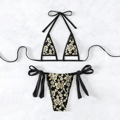 Seksi crni, sjajni trokutasti komplet bikinija s mikro tangama 2024 Mujer kupaći kostim s halterima i halterima Ženski kupaći kostim Mini bikini za plivanje