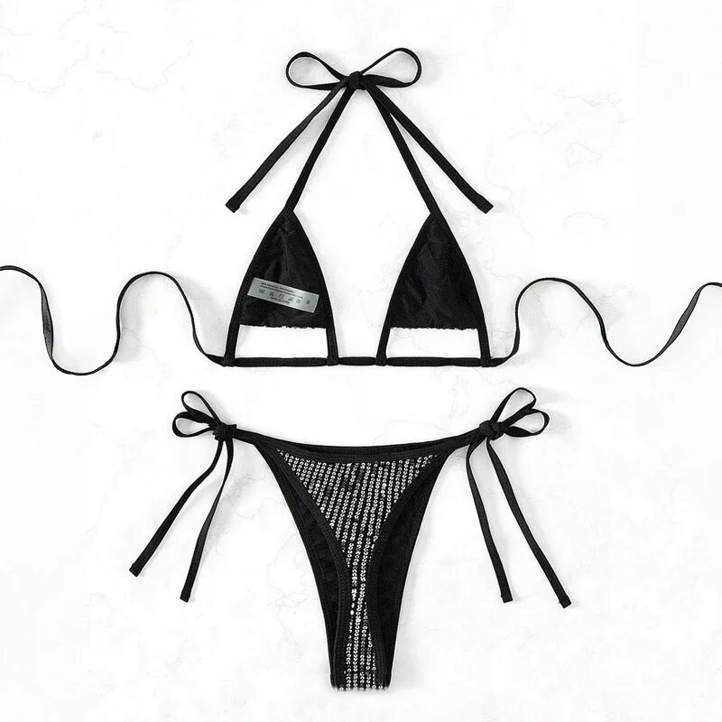 Seksi crni, sjajni trokutasti komplet bikinija s mikro tangama 2024 Mujer kupaći kostim s halterima i halterima Ženski kupaći kostim Mini bikini za plivanje