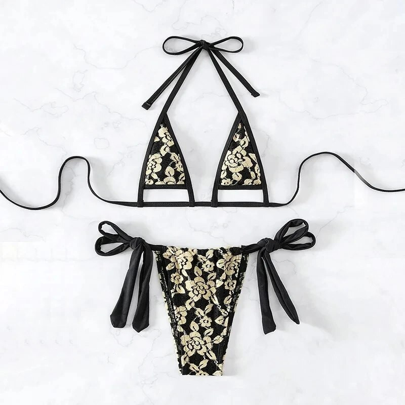 Seksi crni, sjajni trokutasti komplet bikinija s mikro tangama 2024 Mujer kupaći kostim s halterima i halterima Ženski kupaći kostim Mini bikini za plivanje