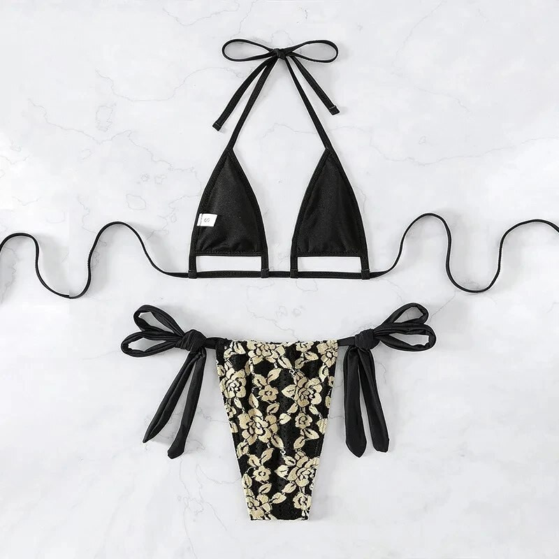 Seksi crni, sjajni trokutasti komplet bikinija s mikro tangama 2024 Mujer kupaći kostim s halterima i halterima Ženski kupaći kostim Mini bikini za plivanje