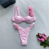 Seksi cvjetni sjajni ružičasti push up bikini 2024 Ženski kupaći kostimi Kupaći kostim s žicom Visoki izrezani kupaći kostim Naborani bikini set Biquini