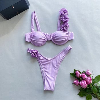 Sexy Flower Shiny Pink Push Up Bikini 2024 Γυναικεία μαγιό Underwired μαγιό ψηλό κομμένο μαγιό Ζαρωμένο σετ μπικίνι Biquini