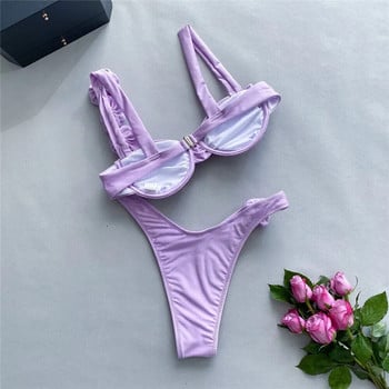 Sexy Flower Shiny Pink Push Up Bikini 2024 Γυναικεία μαγιό Underwired μαγιό ψηλό κομμένο μαγιό Ζαρωμένο σετ μπικίνι Biquini