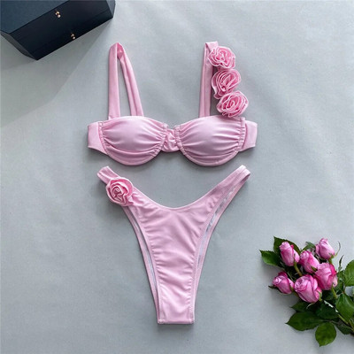 Seksualios gėlės, blizgios rožinės spalvos „push Up“ bikinis, 2024 m., Moteriški maudymosi kostiumėliai, surištas maudymosi kostiumėlis Aukšto kirpimo maudymosi kostiumėlis, raukšlėtas bikinių rinkinys, bikini