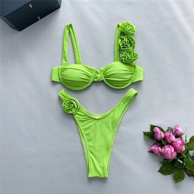 Seksi cvjetni sjajni ružičasti push up bikini 2024 Ženski kupaći kostimi Kupaći kostim s žicom Visoki izrezani kupaći kostim Naborani bikini set Biquini