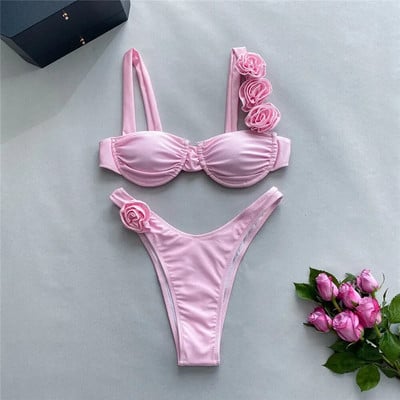 Seksi cvjetni sjajni ružičasti push up bikini 2024 Ženski kupaći kostimi Kupaći kostim s žicom Visoki izrezani kupaći kostim Naborani bikini set Biquini