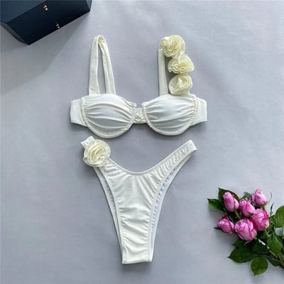 Seksi cvjetni sjajni ružičasti push up bikini 2024 Ženski kupaći kostimi Kupaći kostim s žicom Visoki izrezani kupaći kostim Naborani bikini set Biquini
