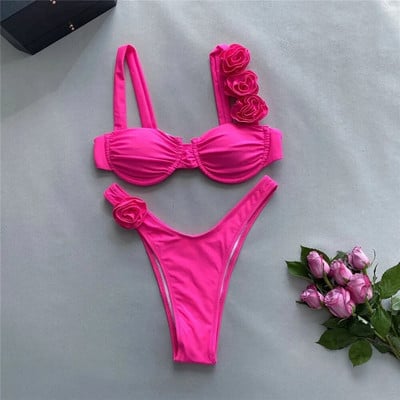 Seksi cvjetni sjajni ružičasti push up bikini 2024 Ženski kupaći kostimi Kupaći kostim s žicom Visoki izrezani kupaći kostim Naborani bikini set Biquini
