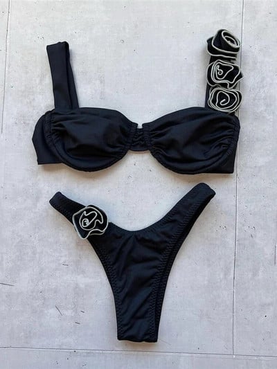 Seksi cvjetni sjajni ružičasti push up bikini 2024 Ženski kupaći kostimi Kupaći kostim s žicom Visoki izrezani kupaći kostim Naborani bikini set Biquini