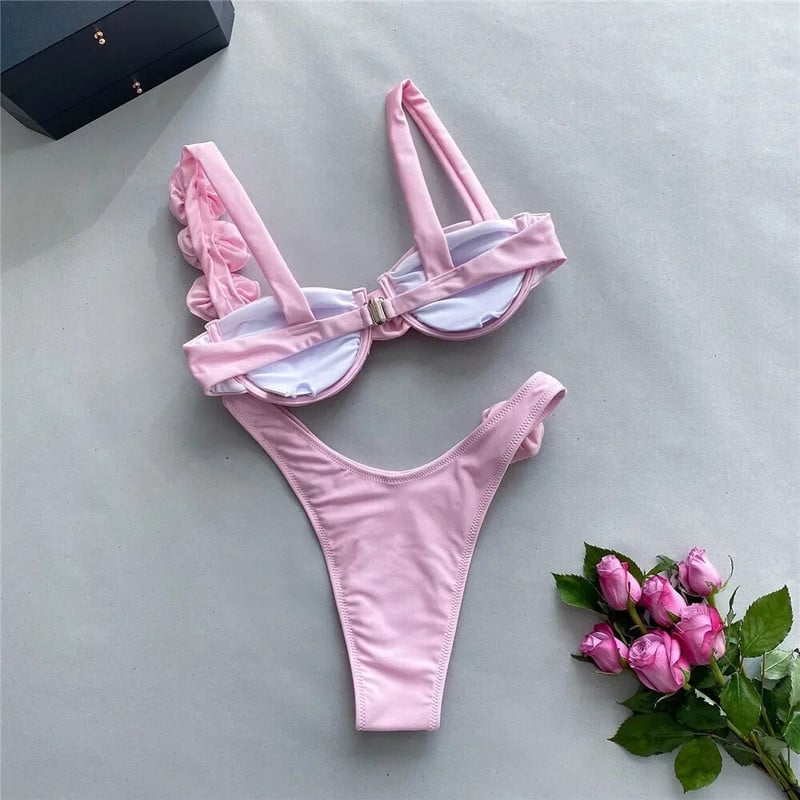 Seksi cvjetni sjajni ružičasti push up bikini 2024 Ženski kupaći kostimi Kupaći kostim s žicom Visoki izrezani kupaći kostim Naborani bikini set Biquini