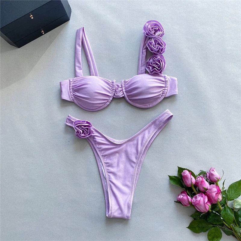 Seksi cvjetni sjajni ružičasti push up bikini 2024 Ženski kupaći kostimi Kupaći kostim s žicom Visoki izrezani kupaći kostim Naborani bikini set Biquini