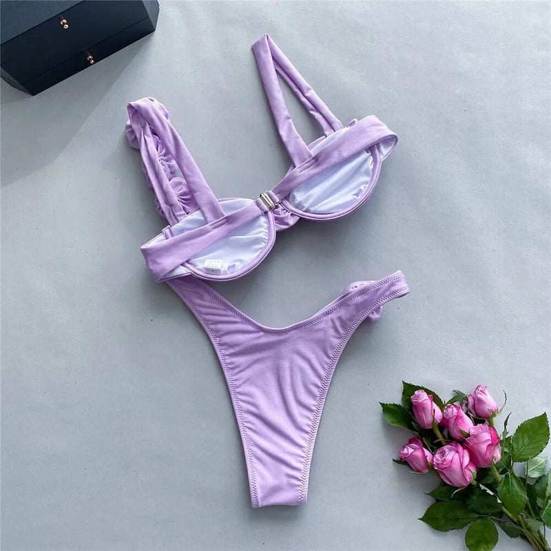 Seksi cvjetni sjajni ružičasti push up bikini 2024 Ženski kupaći kostimi Kupaći kostim s žicom Visoki izrezani kupaći kostim Naborani bikini set Biquini