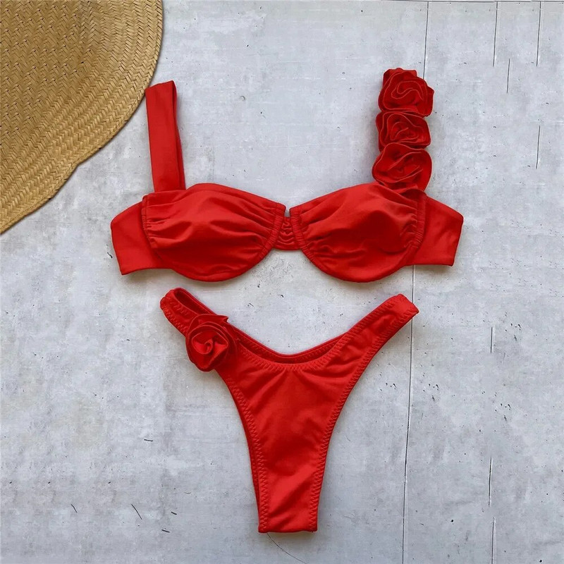 Seksi cvjetni sjajni ružičasti push up bikini 2024 Ženski kupaći kostimi Kupaći kostim s žicom Visoki izrezani kupaći kostim Naborani bikini set Biquini