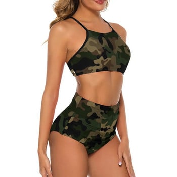 Σέξι Πράσινο Σετ Μπικίνι Camo Σχεδιασμός Καμουφλάζ Vintage Μπικίνι Μαγιό Ψηλόμεσο Μαγιό Surf Plus Size