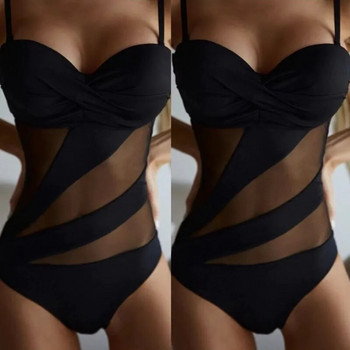 Черен секси мрежест бански костюм от една част Затворен женски бански костюм Push Up Body Дамски бански костюми Бански костюм Beach Pool Bather 2024