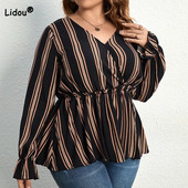 2022 New Plus Size Autumn Commute γυναικείο μπλουζάκι με ριγέ εκτύπωση με μακρύ μανίκι Αγγλία Loose μαύρο πουλόβερ τουνίκ Κορυφαία τάση