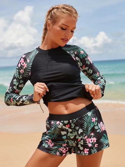 Ženski kupaći kostim dugih rukava Cvjetni bikini kupaći kostim Odjeća za surfanje Tankini kupaći kostim s cvjetnim vezicama s raglan rukavima