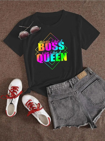 LW Плюс размер Дамски дрехи Gradient Queen Rainbow Letter Print с обло деколте и къс ръкав Ежедневна черна тениска