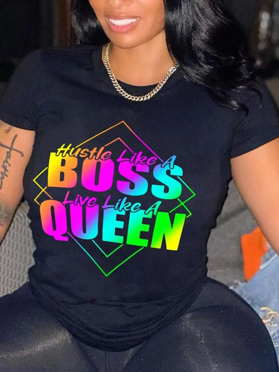 LW Ženska odjeća veće veličine Gradient Queen Rainbow Slovo print okruglog izreza kratkih rukava Ležerna crna majica