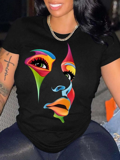 LW Ženska odjeća veće veličine Gradient Queen Rainbow Slovo print okruglog izreza kratkih rukava Ležerna crna majica