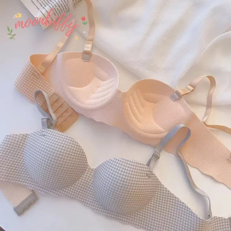 Naiste jäärinnahoidja, üks tass paks, mugav ilma terassõrmuseta pesu Seksikas Push Up Bralette aluspesu Moodne ruuduline mustriga rinnahoidja