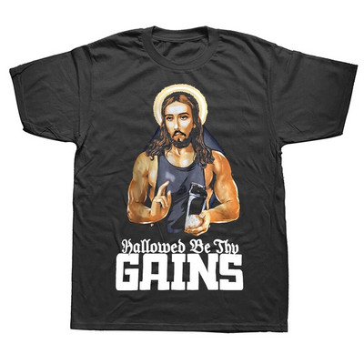Hallowed Be Thy Gains Funny Muscle Jesus Tricou antrenament pentru ridicare de greutăți Bărbați Femei Imbracaminte de stradă cu mânecă scurtă Plus Size Unisex